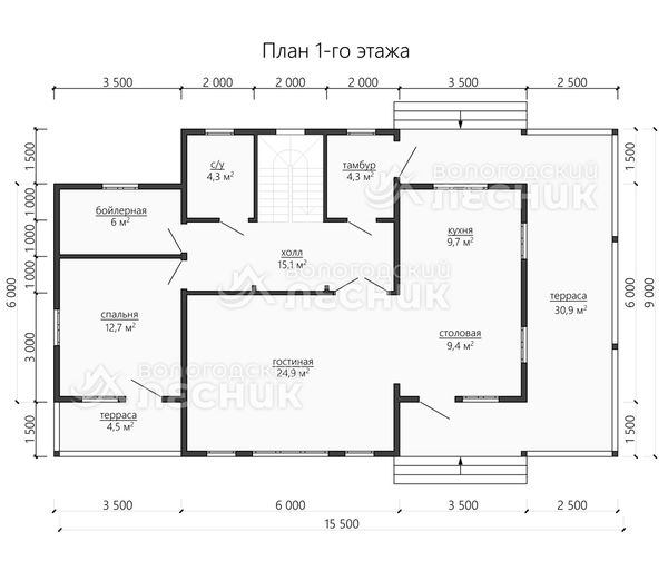 Проект дома из бруса 15.5x9 «Аврора»