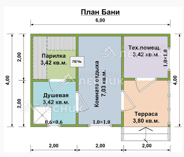 Проект бани из бруса 6х4 «Снежная королева»