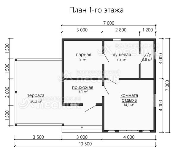 Проект бани из бруса 10.5х7 «Белочка»