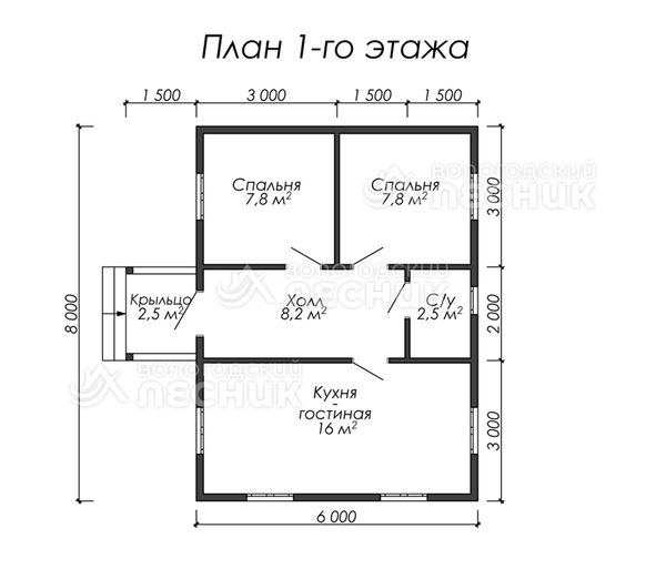 Проект дома из бруса 8х6 «Ратник»