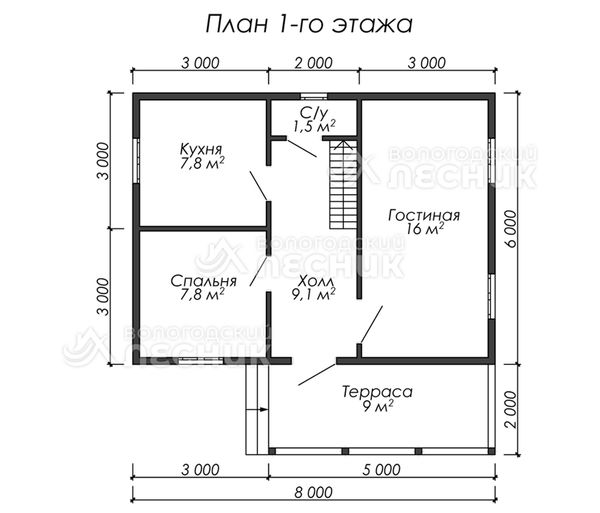 Проект дома из бруса 8х6 «Солнечный день»