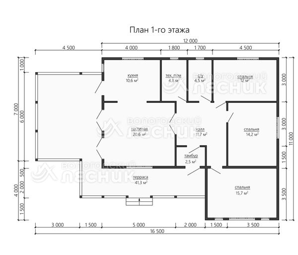 Проект дома из бруса 16.5x11 «Ключевой»
