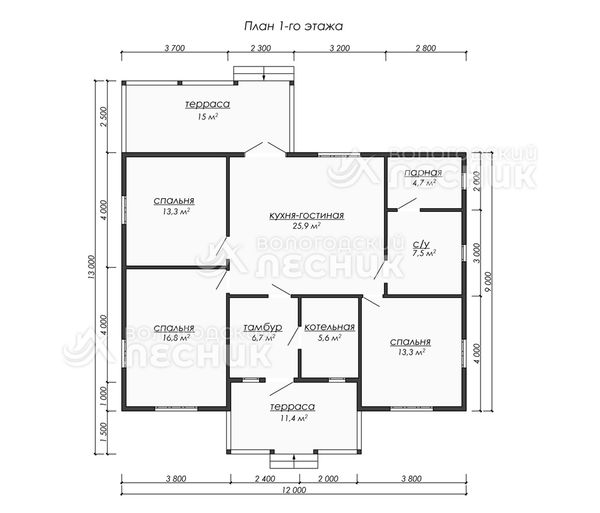 Проект дома из бруса 13x12 «Рябиновый»