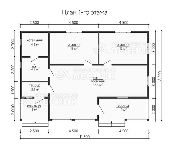 Проект дома из бруса 11.5x8 «Звездный»